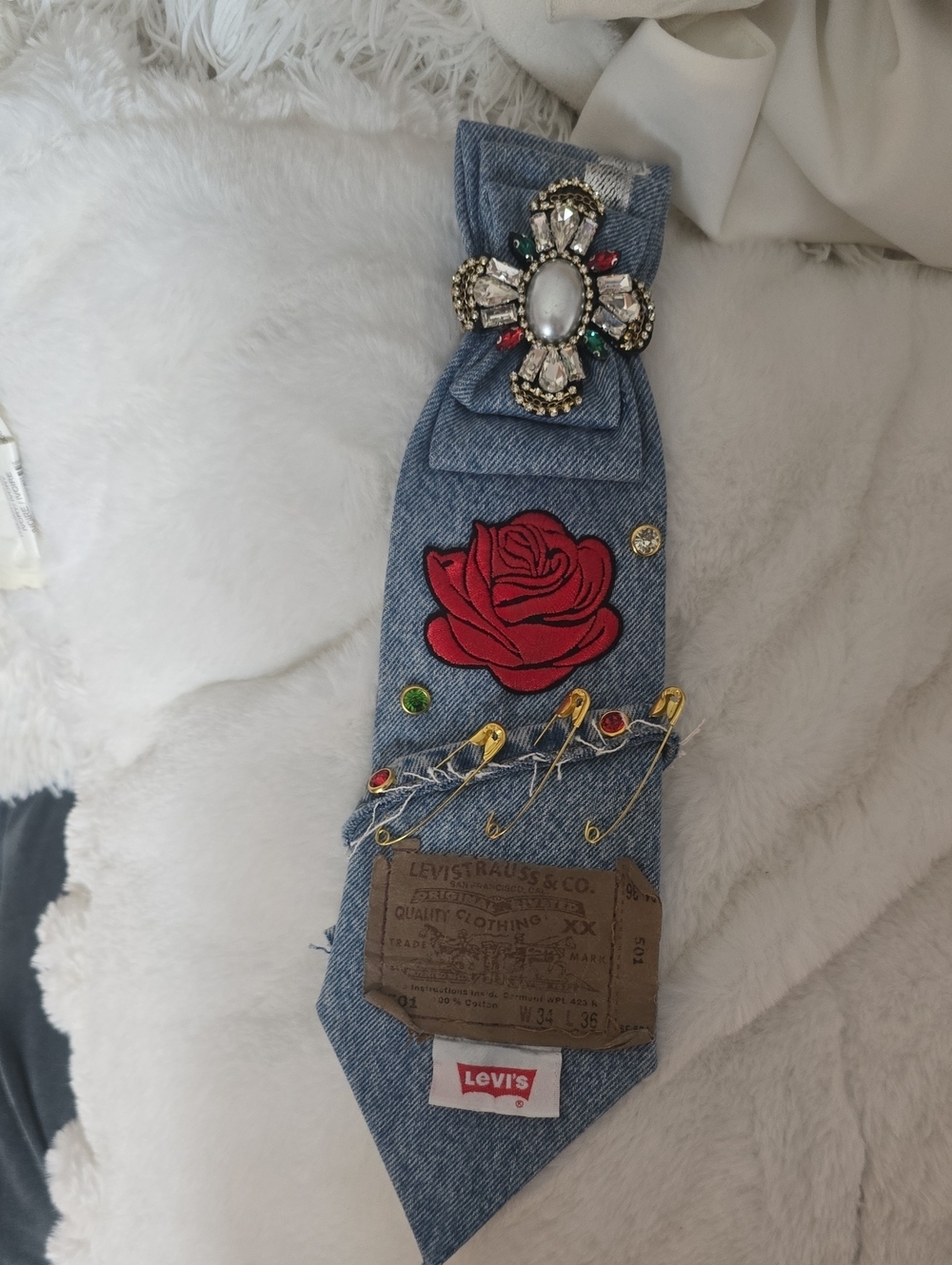 Levi's Light Blue Denim Tie with Red Rose Patch and Jewel Brooch